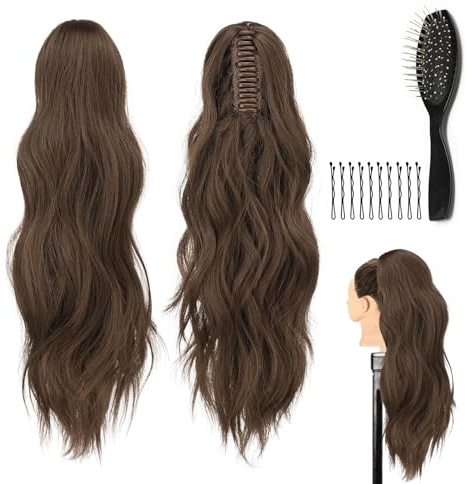 WJMY vågig ponytail förlängning (ljusbrun), lockig 60 cm fläta förlängning hårförlängning, fluffig och lätt, hårdel, syntetiskt hår, för kvinnor kvinnor, med kam och klämmor