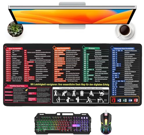 Schreibtischunterlage Deutsch XXL 900x400 mm für Excel, Word, PPT, Windows Spickzettel Schreibtischunterlage Deutsch Mauspad Deutsch für Excel Shortcuts Unterlage Deutsch Bürozubehör
