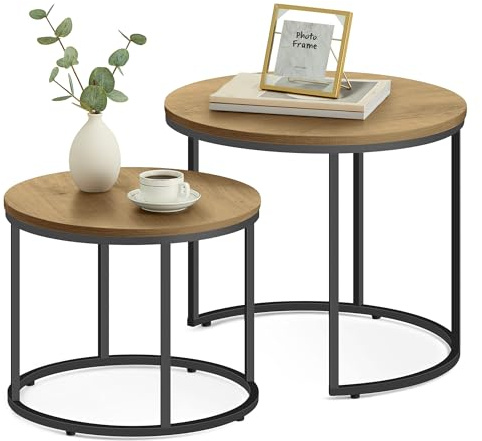 FORTENA 2er Set Couchtische, Schwarze oder goldene Metallbeine, Industrial-Stil, Raund (Eiche – Schwarze Tischbeine)