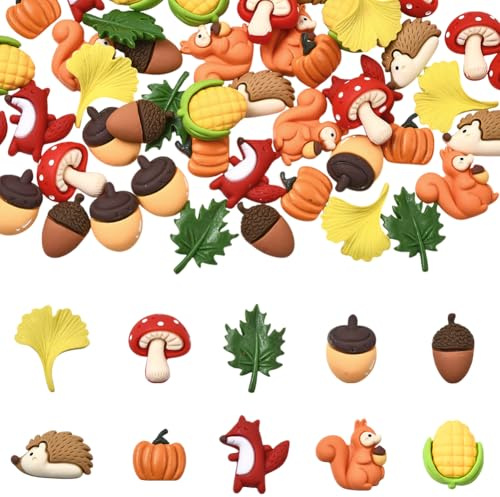 SUNNYCLUE 60 Stück 10 Stile Thanksgiving Anhänger Aus Harz Herbst Anhänger Verzierungen Flache Rückseite Feiertags Ahornblatt Kürbis Pilz Mais Tannenzapfen Cabochon Für Schmuckherstellung DIY Basteln