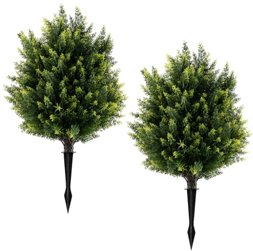 GIANTEX 2 Stück Kunstpflanzen, 61 cm künstliche Pflanze mit Erdspieß, künstlicher Zedern-Formschnittbaum mit UV-beständigen Blättern, gefälschte Zypressen Pflanzen, Dekopflanzen Innen- & Außenbereich