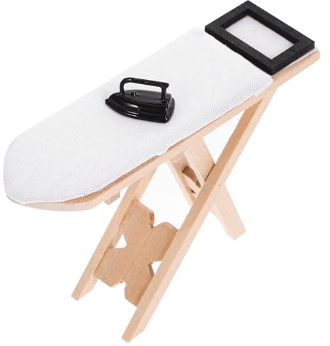 MUSISALY Mini Mesa de Hierro para Casa de Muñecas 2 Piezas, Microescena Creativa Plancha Negra y Tabla de Planchar de Madera, Decoración Miniatura para Juguetes y Muebles de Casas Pequeñas