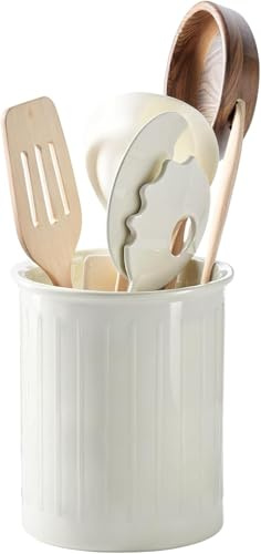 SUEOUX Support à ustensiles de cuisine en céramique pour comptoir, organisateur d'ustensiles de cuisine, porte-couverts, pot à ustensiles en relief blanc pour la cuisine, pot à ustensiles en céramique