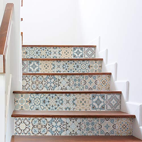 Stickers adhésifs escalier carrelages | Sticker Autocollant contremarche Carreaux de ciment – Stickers contremarche carrelages | Escalier carreaux de ciment adhésif - azulejos – 15 x 105 cm - 2 bandes
