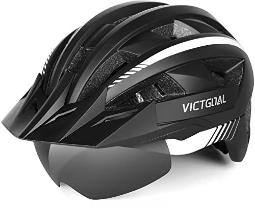 VICTGOAL Fahrradhelm MTB Mountainbike Helm mit magnetischem Visier Abnehmbarer Sonnenschutzkappe und LED Rücklicht Radhelm Rennradhelm für Erwachsenen Herren Damen (L: 57-61cm, Black White)