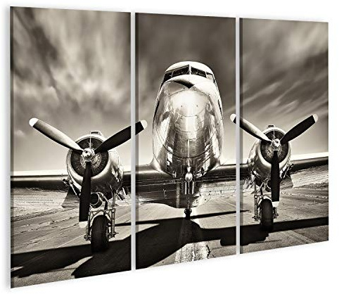 islandburner Retro-Flugzeug Wandbild Poster Leinwandbild TIO - 130x80cm - 3 Teile - Querformat - Wohnzimmer, Schlafzimmer, Kinderzimmer, Küche, Flur, Arbeitszimmer, Heimbüro