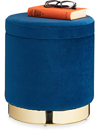 Relaxdays Samthocker mit Stauraum, rund, eleganter Polsterhocker, blau/Gold | modern, Samt Sitzhocker, H x D 41,5 x 37 cm