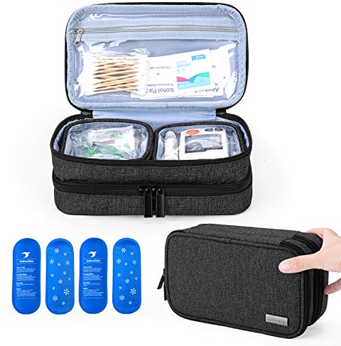 Yarwo Borsa Termica per Insulina e Medicinali Doppio Strato, per Penne, Diabete Siringhe Con 4 Impacchi di Ghiaccio (Grande, Nero)