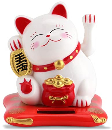 Agatige Mini Lucky Cat Waving Arm, Solar Powered Chinese Lucky Money Cat Ornament Feng Shui Decor for Home, Office Front Desk, Car Dashboard, Business Openings(White)