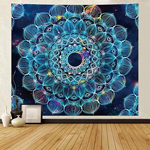 Wandteppich Mandala Wandbehang Böhmische Wandtuch Aesthetic Orientalisch Deko Wandtuch Yoga Psychedelisch Deko Tuch Tapestry groß Tischdecke Bett Deko, Blau,150 x 220cm