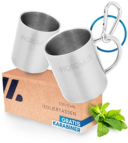 NORDMUT® Edelstahl Thermobecher [2er Set] Camping Tasse | nachhaltige Edelstahl Tasse | Kaffeetasse doppelwandig isoliert und BPA frei | Tassen Set für Camping & Outdoor [2 x 300 ml]