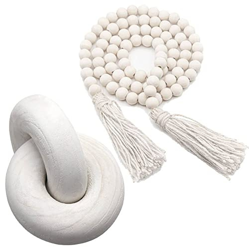 Fghuim 2 Pcs/Set Decorative Chain Link & Knot Decor Wood Bead Garland for Farmhouse Prayer Living Room Coffee Table Desk Shelf Decorations Hand Carved