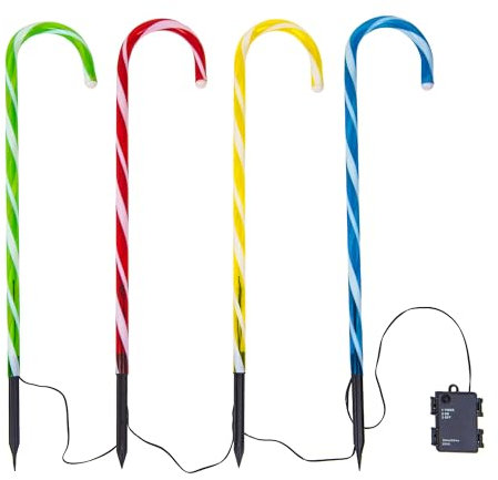 Christmas Village Multi-Coloured Outdoor Christmas Candy Cane Decorations | 63cm Tall Stake 4 Pack | 40 LED Light Bulbs