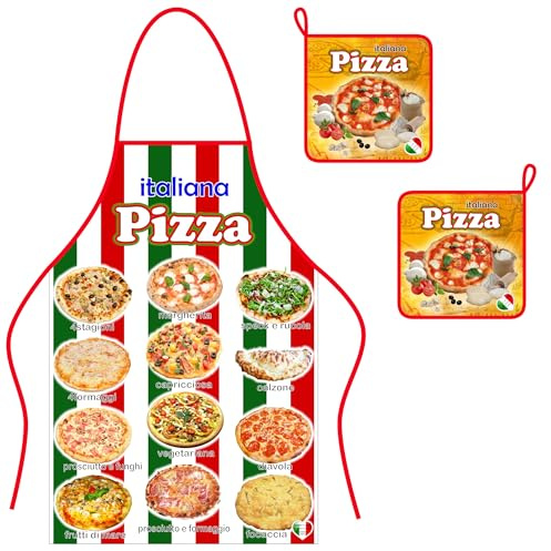 Set 3pezzi, Grembiule e 2 Presine, tessuto Cotone, disegno Pizza Italia, souvenir, Prodotto in Italia, eco-friendly, utile in cucina, da regalare, tipico italiano, articoli per cuoco, italianità