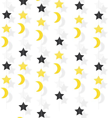 DPKOW 13 Fuß Glitzer Mond Stern Girlanden zum Aufhängen für Ramadan Eid Dekorationen, Schwarz Weiß Gold Eid al-Fitr Wimpelkette Girlande Hause Hängedeko für Ramadan Eid Geburtstags Babyparty Abschluss