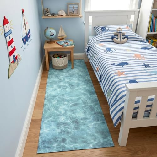 Tadi & Imperio1979, VINILMAR 02, Alfombra vinílica PVC de diseño Digital Orilla de mar para; salón, Cocina, entradas, baño o dormitorios con revés PVC Antideslizante, Colores Azules Turquesa