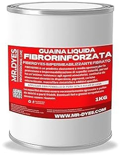 FIBERDYES Guaina Liquida Fibrorinforzata Impermeabilizzante Monocomponente, Gomma Liquida, Membrana Impermeabilizzante, Vari Colori, Formati 1 Kg, 6 Kg, 20 Kg. (1 KG, ROSSO)