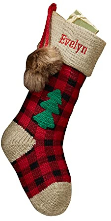 Personalization Universe Buffalo Plaid Personalized Knit Christmas Stockings with Faux Fur Poufs, Custom Embroidered Name, Perfect Holiday Decor