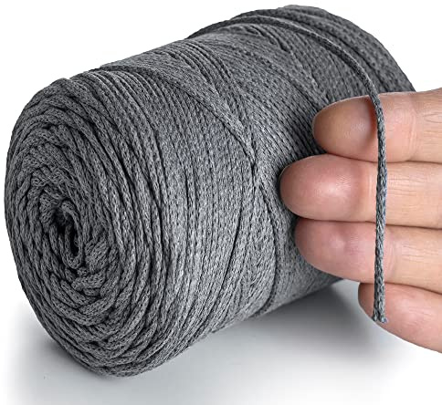 MeriWoolArt® Makramee Garn 2 mm x 250 m Baumwollkordel, recyceltes weiches Baumwollgarn für das Stricken von Pflanzenhängern, Schmuckherstellung, Häkeltaschen (Dunklegrau, 2mm)