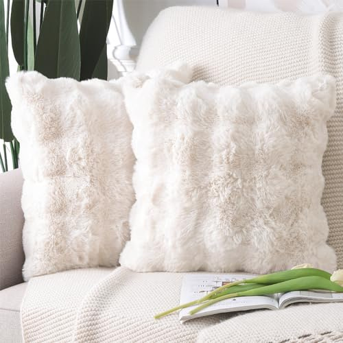 Madizz 2er Set Sanft Plüsch Kurze Wolle Samt Dekorativ Zierkissenbezüge Luxus Stil Kissenbezug für Sofa für Schlafzimmer Creme Weiß 65x65 cm