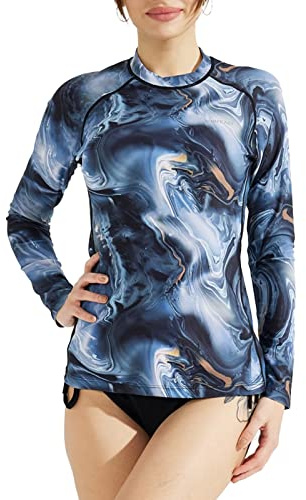 SURFEASY Damen Rash Guard Langarm Sonnenschutz Schnelltrocknend Badeshirt Surf Shirt Schwimmen Bademode(Schwarze Textur,L)