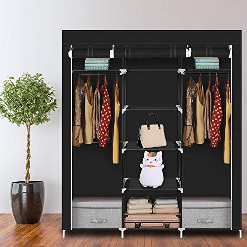 LEADZM Kleiderschrank, Faltschrank Stoffschrank Faltbare Garderobe Canvas mit Reißverschluss, Fächern, für Schlafzimmer, Wohnzimmer (Schwarz-1, 150 x 45 x 175 cm)