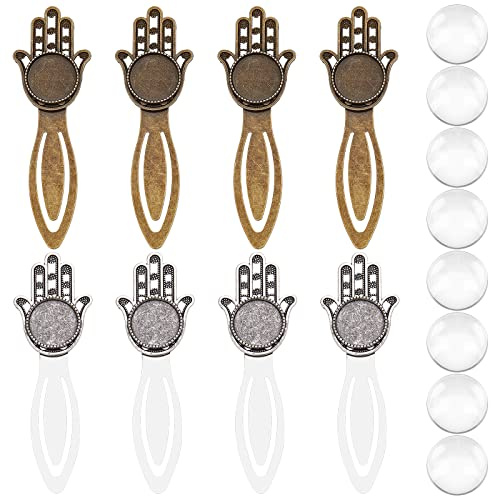 SUNNYCLUE 1 Box 16 Stück DIY 8 Sets Metall Lesezeichen Rohlinge Hamsa Hand Lesezeichen Tablett Klarglas Cabochons Retro Lesezeichen Kit Vintage Stil Lesezeichen Für Heimwerker Handwerk Schule Bürobeda