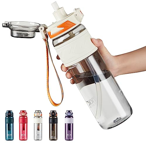 TKK Sports Water Bottles with Removable Straw 34 oz Leak-proof Flip Top Lid BPA Free Tritan Bottles with Strap for School, Fitness, Gym, Outdoor, White