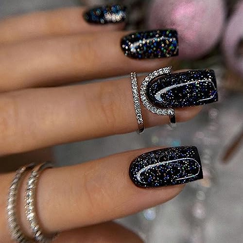 Ceboic 24 Stück Nägel Zum Aufkleben Eckig Kurz, Französische Tipp Schwarz Glitzer Kunstnägel Press on Nails mit Nagelkleber Aufkleber, Wiederverwendbare Acryl Falsche Nägel für Frauen und Mädchen
