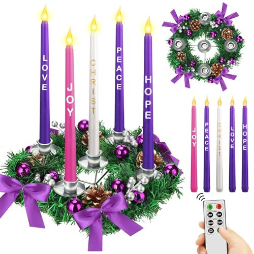 Tioncy 12 Inch Christmas Advent Wreath Candle Holder with 5 Flameless Candles Remote Control Wreath Candle Holder Centerpiece Decoration with Berries(Stylish,11 x 0.8 x 0.8 in)