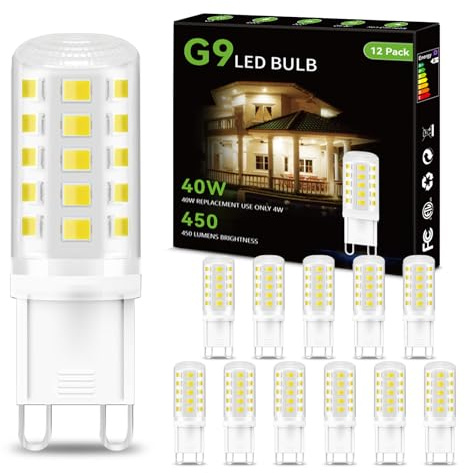 dalattin G9 LED Bulb 12 Pack 4W Equivalent 40 Watt, 6000K Daylight White, Replacement T4 G9 Halogen Lights Bulb,450LM, Non-Dimmable, Energy Saving Lights for Chandelier Type G9 T4 Bi-pin Base
