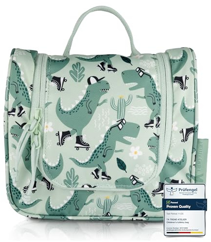 TA Trend Atelier Trousse de Toilette Enfant à Suspendre – Trousse de Toilette et Vanity Enfant Durable en Polyester recyclé, déperlante, avec Miroir et Compartiments (Dinosaure Vert)