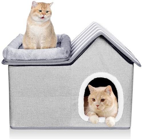 HEVOL Katzenhaus, Katzenhöhle Outdoor, Warm Hundehöhle, Abnehmbar Hundehütte mit Waschbarem Kissen und Plattform, Katzenhöhle für Draußen, Katzenhaus Höhle für Kleine und Mittlere Haustiere