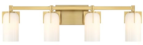 Savoy House 8-4128-4-322 Caldwell Vintage Mid-Century Modern Etched White Opal Glass Bathroom Vanity Wall Light, 4-Light 240 Total Watts, 9 H x 32 W, Warm Brass
