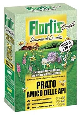 Flortis Amico delle api. Semi per prato e fiori per api. Sementi prato con fiori selvatici. Semenza prato per manto erboso fiorito. Semi prato resistente e polline api. Sementi per prato fino 70m².