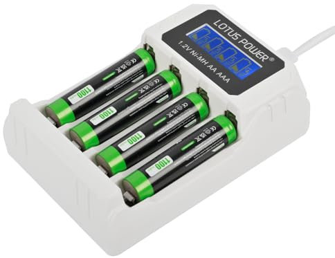 LOTUS POWER Caricabatterie universale a 4 slot per batterie Ni-MH e batterie AAA da 1,2 V, caricatore LCD AAA e batteria ricaricabile AAA (1 caricatore e 4 batterie)