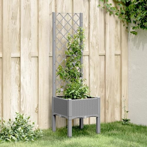 CIADAZ Pflanzkübel mit Rankgitter Hellgrau 40x40x142 cm PP, Blumentopf Gross, Blumenkasten Balkon, übertopf, Pflanzkasten, Flowerpot, Kräuterbeet Für Die Küche, Vertikalbeet - 367917