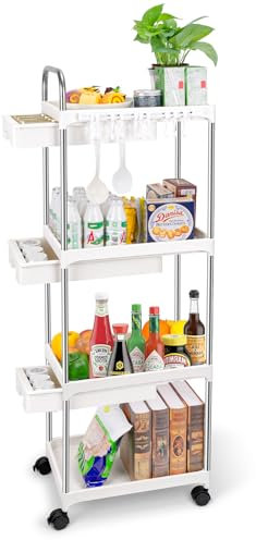 Wuciray Rollwagen mit Schubladen Bastelwagen für Kinder Organizer Servierwagen mit Rollen Weiß Küchenwagen auf Rollen Rollwagen Küche Regal mit Rollen Regal Küche Nischenregal Aufbewahrungsregal