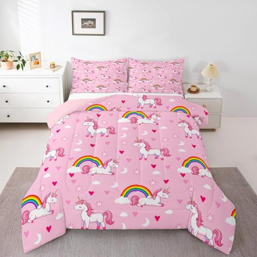 Homewish Regenbogen Einhorn Bettwäsche 155x220 für Kinder Tröster Sets für Mädchen Rosa Cartoon Einhorn Bettwäsche Sets,Liebe Herz Quilt mit 2 Kissenbezüge Die Ganze Saison Schlafzimmer Dekor