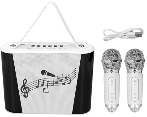 Karaoke-Maschine, Tragbarer Mini-Karaoke-Lautsprecher, Mikrofon, Singlautsprecher mit Bunten Farben für Familienfeiern (Weißes Doppelmikrofon)