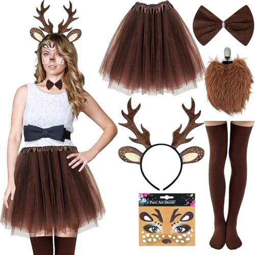 ATOWORLD Costume de chevreuil pour femme avec jupe en tulle marron, serre-tête de cerf, tatouage, chaussettes de renne, costume de renne, costume adulte et femme, costume de faon, tutu, jupe marron