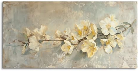 Paul Sinus 120x60cm Wandbild auf Leinwand und Holzrahmen – Sanfte Blüten in Cremeweiß. Beruhigende Atmosphäre für jeden Wohnraum