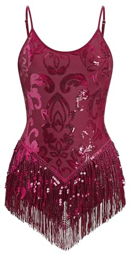 FYMNSI Damen Pailletten Latein Tanz Body Rave Outfit Ballettbody �rmellos Glitzer Gymnastikbody Quaste Bodysuit Damenbody Stringbody Trikot Leotard Overalls Turnanzug Ballettanzug Weinrot S