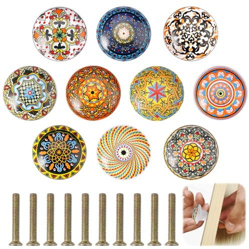 PetGlimmer 10 Piezas Colores aleatorios Pomos Ceramica Armario, Tiradores para Cajones de Muebles de Estilo Bohemio, Pomos y Tiradores Vintage, Pomos de Cerámica para Cajones para Puertas, Armarios