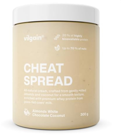 Vilgain Cheat Spread 300 g - 100% natural, high protein, creamy, palm oil free, gluten free, desserts & fitness lifestyle (300g, Almonds with white chocolate and coconut)