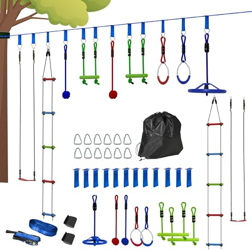 AIYAPLAY Kit Zip Line per bambini, 10 pezzi corsa ad ostacoli all'aperto per bambini, kit slackline da 10 m con barre per scimmie, altalena, scala da arrampicata, vassoio appeso, anelli in metallo