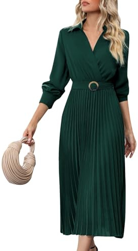 Damen Kleider Lang Elegant Langarm Faltenkleid A Linie Kleid V Ausschnitt Maxikleider Frauen mit Gürtel Maxi Hemdkleid Einfarbig Herbstkleid Festlich Plisseekleid Business Wickelkleid Party
