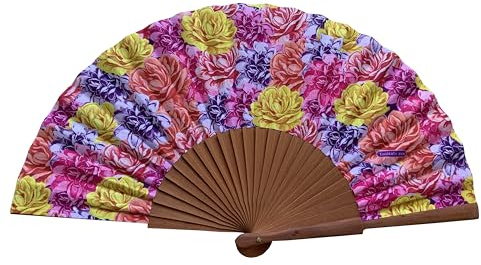 Spanischer Handfächer Abril – Holz und Baumwolle – 23 cm – Etui und Hülle aus Jute – Modeaccessoire – Handgefertigt in Spanien – Events und Geschenke – Blumenkollektion – Tusitala Barcelona
