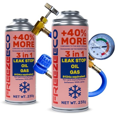 FREEZEECO Kit 2 x 3en1 Tapa Fugas Aceite Gas 235g Tipo A + Manguera con manómetro 15/30cm FE Tipo A [R134a / Equivalente R12 - Coches 1995-2016] Tipo A (11,5mm) 470g