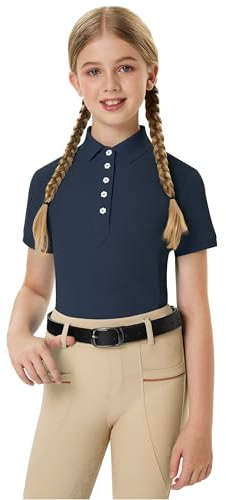 FitsT4 Sports Girls Equestrian Polo Shirts Short Sleeve Horse Riding Shirts Button UP Horseback Show Shirt Kids Summer Tops Navy Small